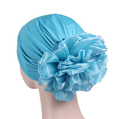 Women Flower Elastic Turban Beanie Head Scarf wrap Chemo Cap hat for Cancer Patient - color: Blue