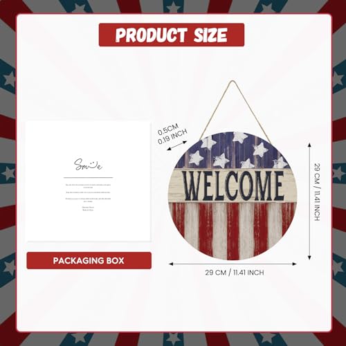 Smile Patriotic American Flag Welcome Wooden Round Door Hanger, 4th of July Front Door Sign for Independence Day & Memorial Day Decor - style: Flag Welcome