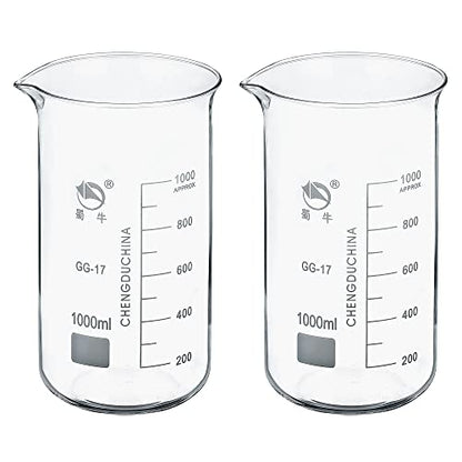 PATIKIL 1000ml Tall Form Glass Beaker, 2 Pack 3.3 Borosilicate Glass Graduated Printed Scale Measuring Cups with Spout for Kitchen Lab Liquids Transit Boiling - size: 1000ml