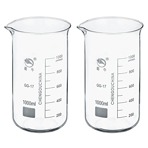 PATIKIL 1000ml Tall Form Glass Beaker, 2 Pack 3.3 Borosilicate Glass Graduated Printed Scale Measuring Cups with Spout for Kitchen Lab Liquids Transit Boiling - size: 1000ml