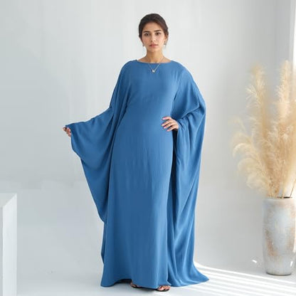 Abaya Dress for Women Soft Crepe Like Linen Khimar Butterfly Batwing Dubai Islam Muslim Kaftan Modest Prayer Dress - color: Blue, size: Large