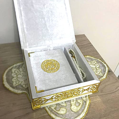 Velvet Covered Quran and Pearl Tasbih in Wooden Decorative Box | Islamic Gift Set | Muslim Eid Ramadan Gift (White) - color: White