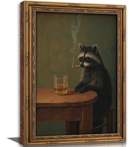 Vintage Gold Framed Smoking Raccoon Wall Art,Moody Dark Funny Animal Whiskey Cigar Canvas Print,Humor Funny Raccoon Wall Decor,Retro Bar Cart Poster Artwork,for Study Living Office Bar Decor - color: Raccoon, size: 24"L x 16"W