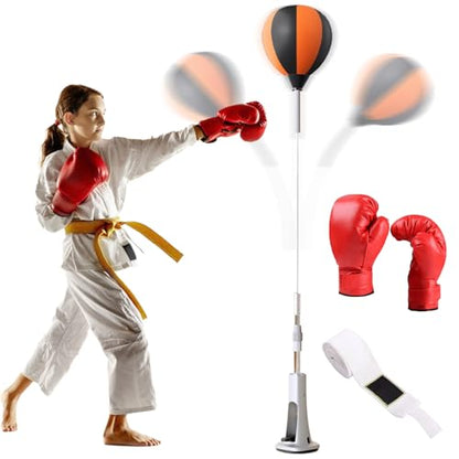 Boxing Reflex Bag with Spring Base, 50-59in Height Adjustable Reaction Training Ball for Home Gym, Includes Gloves & Bandage for Martial Arts Fitness Teens Adults - size: 110-130cm