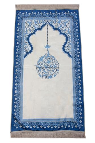 ihvan online Muslim Prayer Rug with Portable Elegant Fabric Bag, Janamaz, Sajadah, Soft Islamic Prayers Rug, Islamic Gifts for Eid Ramadan, Travel Prayer Carpet Mat, Blue - color: Blue