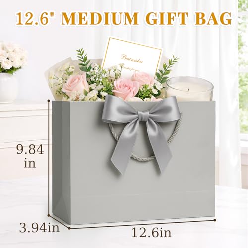 ANZNKU 2PCS Gray Gift Bags Medium for Women & Men, Gift Bags with Handles 4 Tissue Paper 2 Ribbons 2 Cards for Wedding Birthday Bridal Baby Shower Graduation Engagement Party Favors Present Wrap Set - color: Cloudy Gray