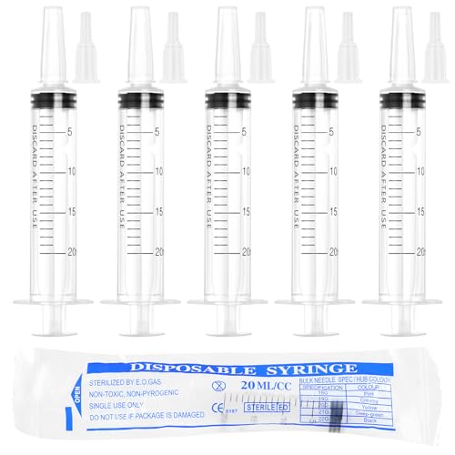 20ml Syringe for Liquid,5 Pack Large Plastic Syringes with Adapters and Cap,Individually Sealed Syringe for Feeding,Irrigation Water and Scientific Labs - size: 20ML