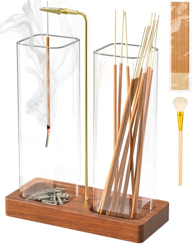 Incense Holder for Sticks, 2 in 1 Incense Burner with Glass Jars, Upside Down Incense Holder with Ash Catcher & Storage for Meditation Yoga Spa Home Decor with 20 Incense Sticks & Brush - color: Square Brown B