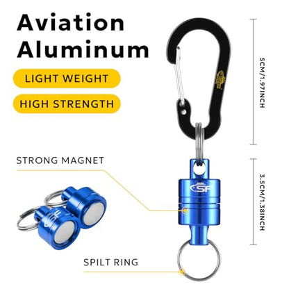 SF Strongest Magnetic Net Release Magnetic Keychain Fly Fishing Net Retractor Magnet Clip Holder Retractor with Retractable Coiled Lanyard Carabiner - color: Blue Magnet+ Black Aluminum Alloy Hook
