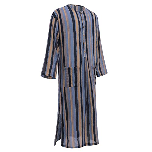IDOPIP Men's Muslim Thobe Long Sleeve Striped Robe Gown Arab Islamic Kaftan Abayas Dress Middle East Dubai Ramadan Clothing - color: Blue, size: XX-Large