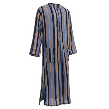 IDOPIP Men's Muslim Thobe Long Sleeve Striped Robe Gown Arab Islamic Kaftan Abayas Dress Middle East Dubai Ramadan Clothing - color: Blue, size: XX-Large