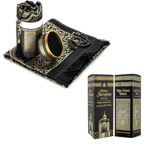 ihvan online Muslim Prayer Rug Set with 2X Room Spray, Soft Janamaz & Prayer Beads in Cylinder Gift Box, Alcohol-Free Islamic Fragrance, Portable Sajadah Carpet, Islamic Gift Set for Ramadan, Black