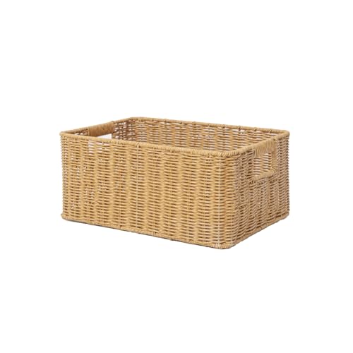 YRMT Rattan Storage Basket Pantry Basket with Built-in Handles Wicker Basket for Organizing Shelves Waterproof Woven Basket Nature (14"x10"x6.3") - size: 14"x10"x6.3"