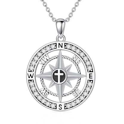 Graduation Gifts for Women 925 Sterling Silver Compass/Graduation/Vet/Cross/Stethoscope Necklace for Women - color: D4-Compass-Cross