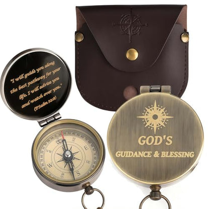 God's Guide & Blessing Compass, Trust in The Lord Compass, Wood Box Greeting, Inspirational Gift Men, Christian Boys Baptism Gifts, Graduation Day with Wooden Box - color: 3.Bronze GOD's Guide & Blessing PU Leather