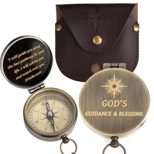 God's Guide & Blessing Compass, Trust in The Lord Compass, Wood Box Greeting, Inspirational Gift Men, Christian Boys Baptism Gifts, Graduation Day with Wooden Box - color: 3.Bronze GOD's Guide & Blessing PU Leather