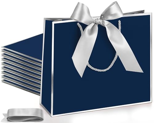 Silkfly 12 Pcs Paper Gift Bags with Handles & Bow Ribbon, Navy Blue, Silver - color: Navy Blue, Silver