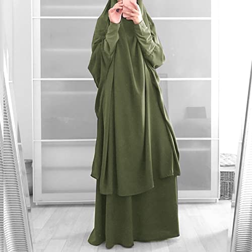 Prayer Clothes for Muslim Women Islamic Abaya Suit Maxi Skirt + Khimar Hijab 2pcss Burka Jilbab Kaftan - color: Army Green