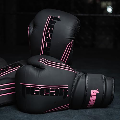 Tigear Surge Pro Boxing Gloves for Men Women & Kids | Engineered Leather Muay Thai Gloves, MMA Gear, Kickboxing Heavy Bag Training and Sparring - color: Black/Pink, size: 16 oz