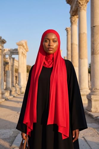 Aisha's Design Neck-Covering Practical Jersey Hijab with Built-In Ninja Bonnet - color: Red