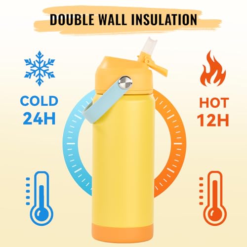 Fijinhom 18oz Insulated Stainless Steel Water Bottle, Wide Mouth Double Wall Vacuum, Silicone Straw, Sweat & Leak Proof, BPA Free Insulated Water Flask for Travel, Keep Cold 24h Hot 12h, Lemon - color: Lemon, size: 18 Ounces
