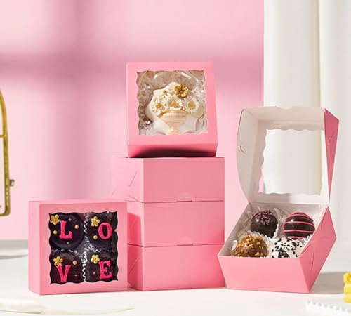 80 Pack 4x4x2 Pink Bakery Treat Boxes with Clear Window for Cookies, Mini Cake, Cinnamon Roll, Chocolate Truffle, Wedding Favor - color: Pink