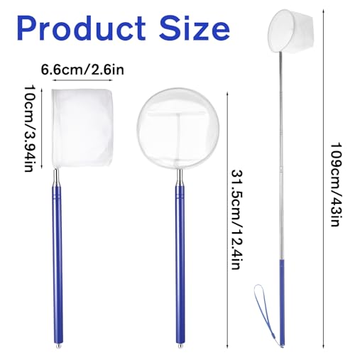 Aquarium Fish Net, 4 Inch Fine Mesh Shrimp Nets with 12.4" to 43" Long Extendable Stainless Steel Handle Round Small Fish Nets for Fishes Shrimp Tank Pond Creek Food Residue Debris Skimming Tool