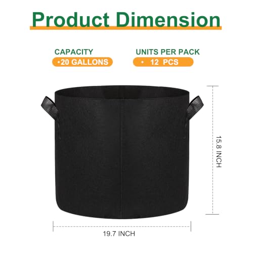 12-Pack 20 Gallon Grow Bags, 300G Thickened Nonwoven Garden Pots,Heavy Duty Fabric Pots with Reinforced Handles - size: 20 Gallons