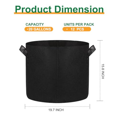 12-Pack 20 Gallon Grow Bags, 300G Thickened Nonwoven Garden Pots,Heavy Duty Fabric Pots with Reinforced Handles - size: 20 Gallons