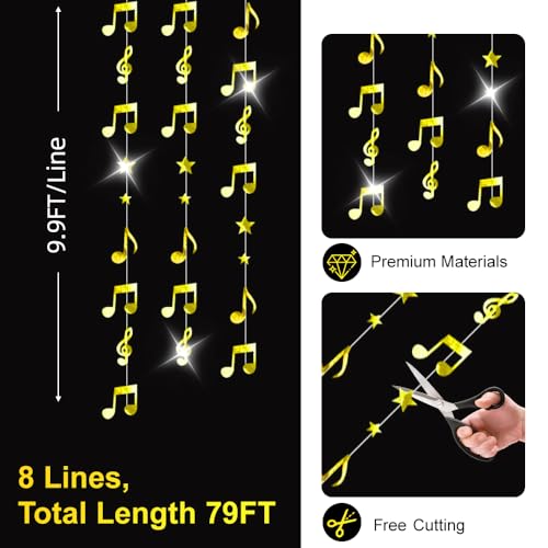 79FT Gold Music Note Garlands, Sparkling Hanging Musical Decorations, Ceiling Decor for Birthday, Wedding, Baby Shower, Bridal Shower & Concert, Music Party Supplies, Photo Booth Props - size: 79 Gold Music