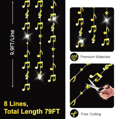 79FT Gold Music Note Garlands, Sparkling Hanging Musical Decorations, Ceiling Decor for Birthday, Wedding, Baby Shower, Bridal Shower & Concert, Music Party Supplies, Photo Booth Props - size: 79 Gold Music