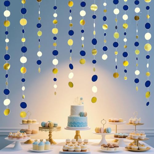 Glitter Blue Gold Beige Circle Dots Paper Garland Blue Gold and Beige Circle Dot Streamer 40 Feet Polka Dot Hanging Banner Backdrop for Birthday Wedding Baby Shower Graduation Party Decorations - color: Blue Gold Beige