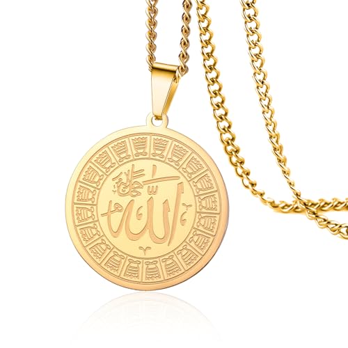 VASSAGO Islamic Allah Necklace for Men Women Stainless Steel Muslim Ayatul Kursi Necklace Islam Arabic Eid Ramadan Jewelry Gift - color: Gold Allah Necklace