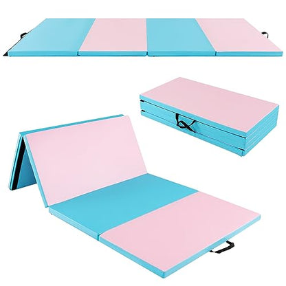GYMAX Gymnastics Mat, 4 FT x 8 FT x 2 Inches Folding Exercise Mat w/Carry Handles & Sturdy Stitching Waterproof Cover, Tumbling Mat for Yoga Stretching Martial Arts Home Gym - color: Pink & Blue