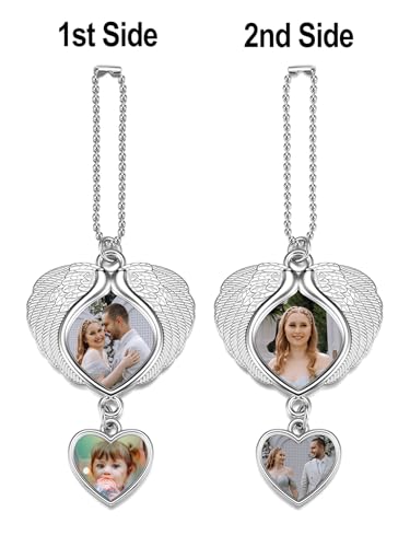 PiercingJ Custom Photo Rearview Mirror Car Charm Double Side Picture Engraving Car Hanging Ornament Angel Wing Car Charm Gift for Men Women - color: Silver(heart)-1 Pc