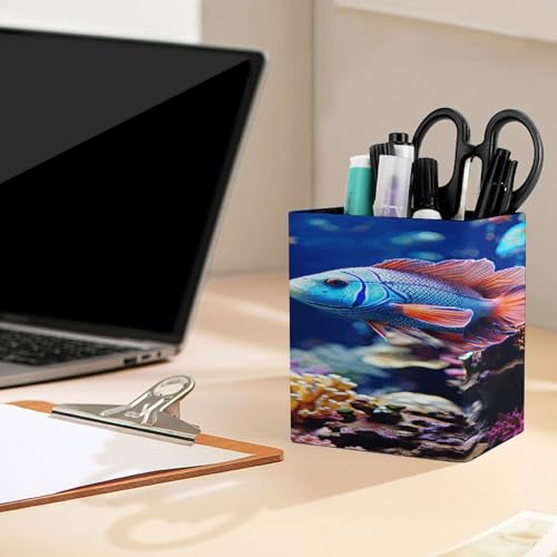 Coral Reef Fish Aquarium Square Pen Holders Classical Design Pencils Holders Makeup Brush Holders Leather Pen Holder Cup Desktop Stationery Organizer for Office Supplies