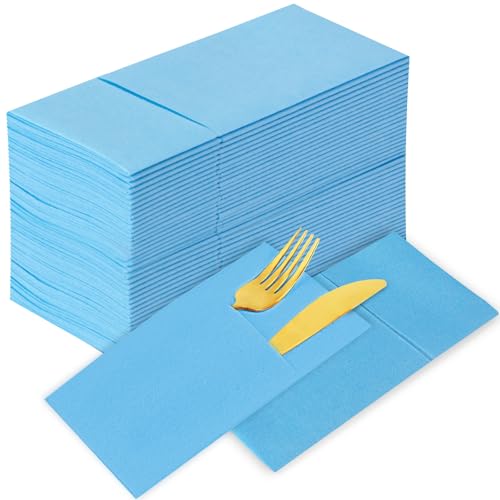 KAMMAK Light Blue Napkins Disposable with Pocket 100 Pack Cloth like Paper Dinner Napkins Folded Hand Towel for Party Decoration, Wedding Reception, Bathroon and Kitchen (16.5 x 16.5 inch) - color: Light Blue