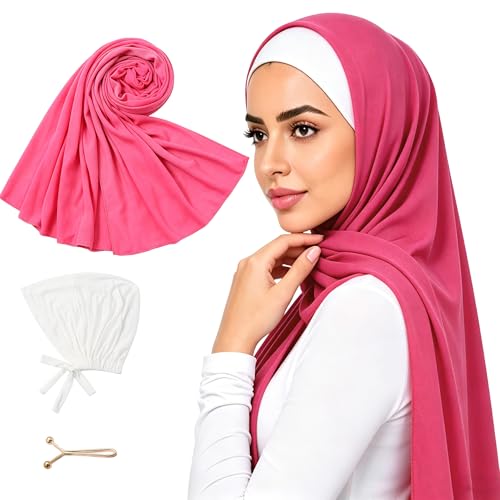 Hijab Scarf for Women, 3PCS Set with Undercap and Hijab Clip Lightweight Modal Muslim Head Wrap Scarf for Daily - color: Sy23-hot Pink Hijab+white Undercap