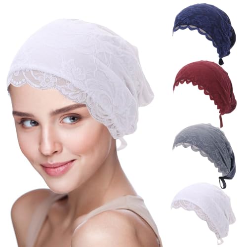 4 Pcs Lace Cotton Elastic Inner Beanies Cap for Islamic Muslim Hijab Undercap with Tie Back Closure Under Scarf Hat - color: Assorted Colors B