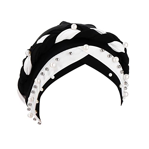 Fxhixiy Women Chemo Beanie Beaded Pearl Braid Turban Headwear for Hair Loss - color: White Black