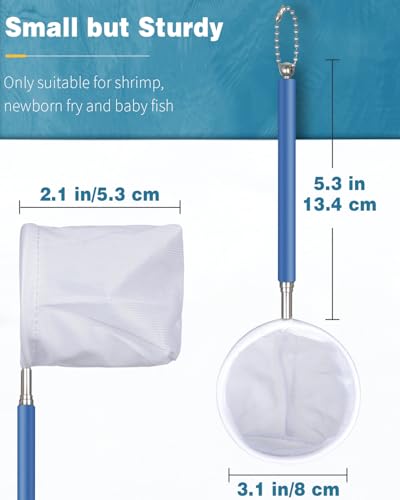 Pawfly 3 Inch Aquarium Shrimp Net, Tiny Fish Tank Net with Extendable Stainless Steel Handle, Soft Round Fine Mesh for Baby Fish, Food Residue, and Debris Skimming in Small Ponds & Tanks - color: Blue Round, size: 3 Inch