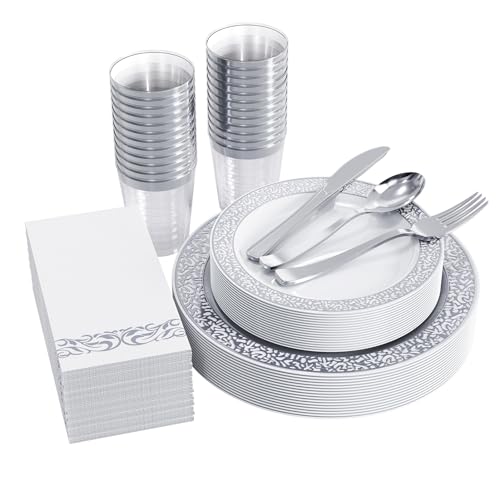 FOCUSLINE 175 Ct Silver Dinnerware Set for 25 Guests, Plastic Plates with Silver Lace Rim Design, Including 25 Disposable Dinner & Dessert Plates, Cups, Napkins, Cutlery Set - color: Silver Dinnerware Set
