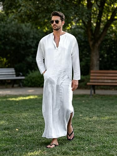 Jacansi Men's 65% Cotton 35% Linen Kaftan Thobe, Long Sleeve Casual Arabic Robe, Loose Long Gown with Pockets - color: White #1, size: X-Large