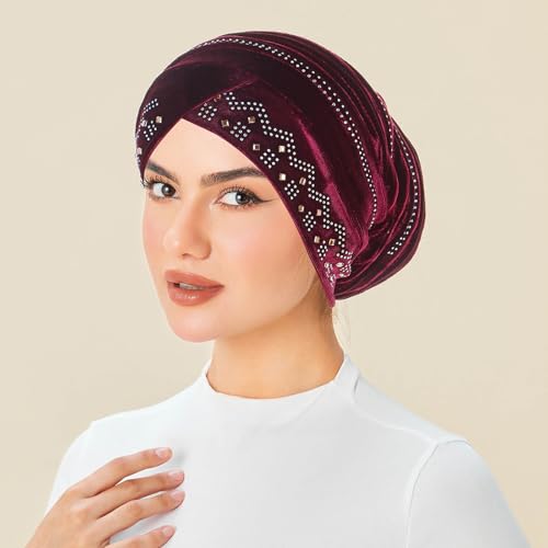 Rhinestone Hijab Turban Hats for Women Beanies Bandana Headwrap Cap Beanies Headwear Headscarf Undercap Turban Hat - color: Wine