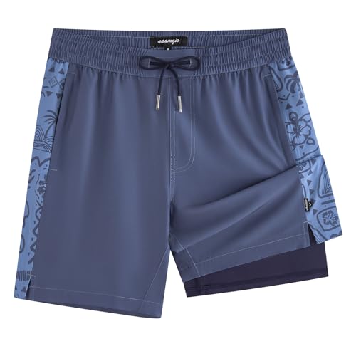 maamgic Mens Swim Trunks - Mens Bathing Suit with Compression Liner 7 Inch Quick Dry Fshion Stretch Zipper Pockets Swimwear - color: Blue Grey-navy Blue-ocean Sun, size: Small
