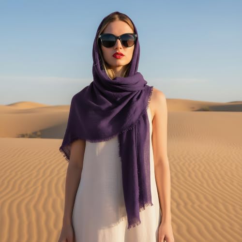 Nydotd Women Summer Cotton Linen Scarf Crinkle Long Beach Shawl Wrap hijab with Fringe - color: Dark Purple