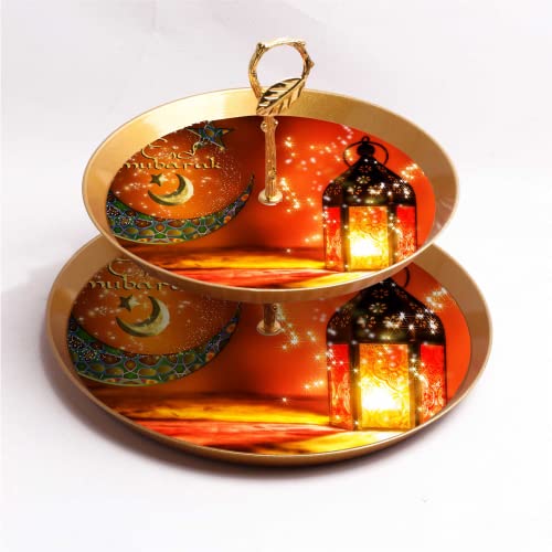 Eid Mubarak Two Tier Fancy Food Serving Tray Sets Eid Table Decor Dessert Pastry Party Serving Tray for Fruits Dates (Red_Cir) Diameter: 9" and 12" - color: Red