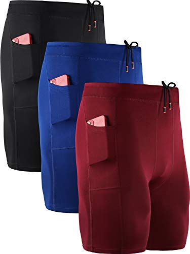 NELEUS Men's 3 Pack Running Compression Shorts with Pockets - color: 6072 Black/Blue/Red,3 Pack, size: Small