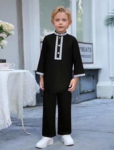 IDOPIP Muslim Baby Boys Prayer Clothes Kaftan Thobe Arabic Islamic Abaya Dubai Robe with Pants Head Scarf Ramadan Eid Outfit - color: Black + Shemagh, size: 2-3T