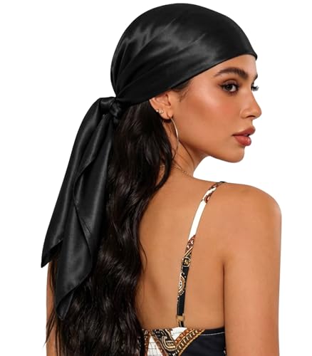 Sumolux Head Hair Scarf for Women 35" Like Satin Silk Scarf Hair Wrapping Night Bandana Large Square Scarves - color: A Solid Black